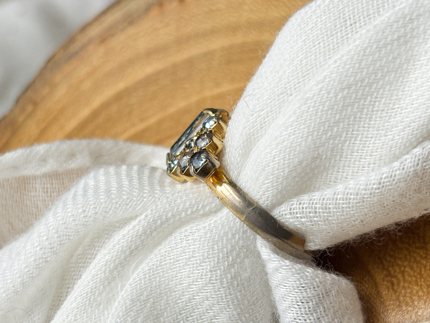 Gold Vintage Blue Emerald & Round Cut Crystal Statement Ring, Adjustable