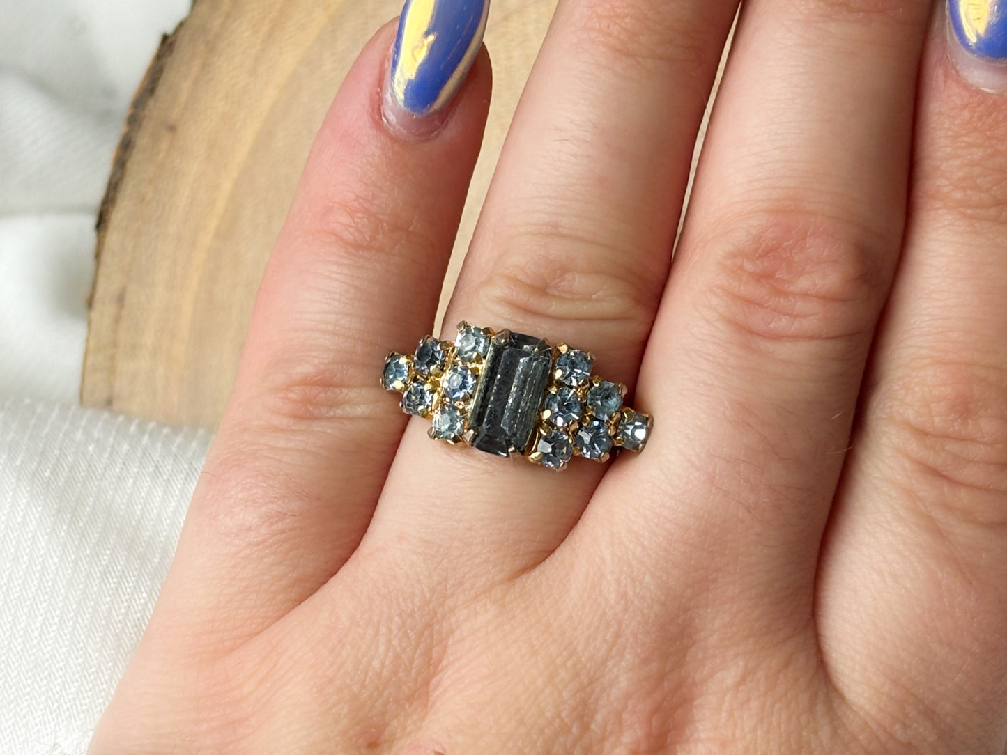 Gold Vintage Blue Emerald & Round Cut Crystal Statement Ring, Adjustable