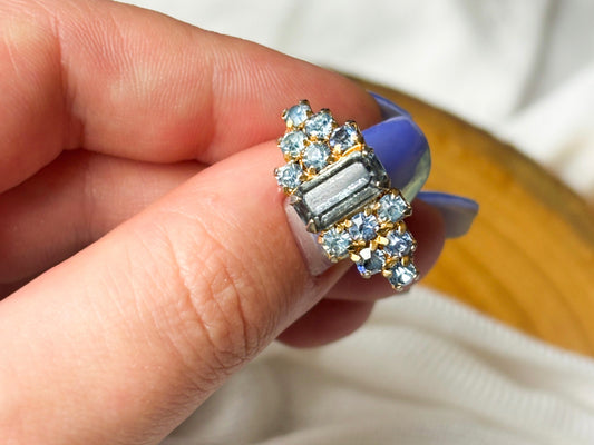 Gold Vintage Blue Emerald & Round Cut Crystal Statement Ring, Adjustable