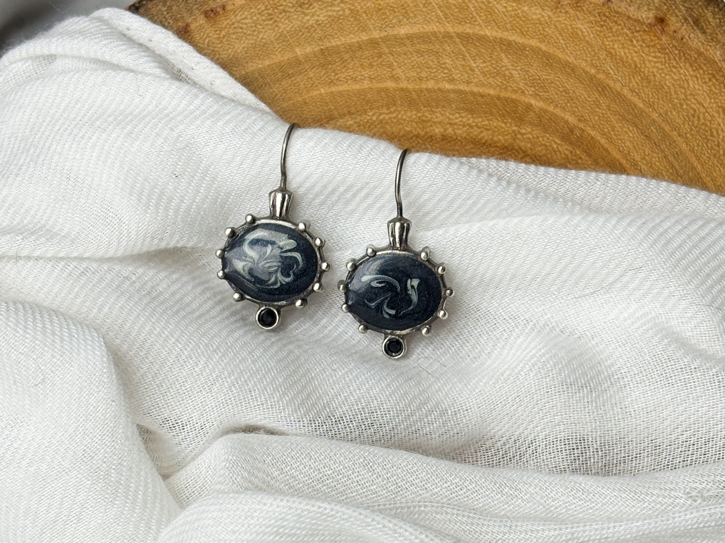 Sterling Silver Black Enamel Swirled Vintage Crystal Earrings