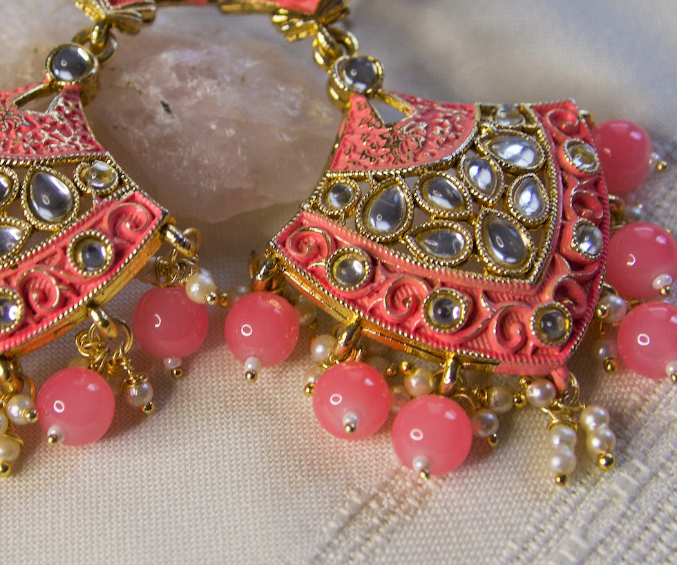 Pink & Gold Beaded Crystal Statement Dangle Earrings